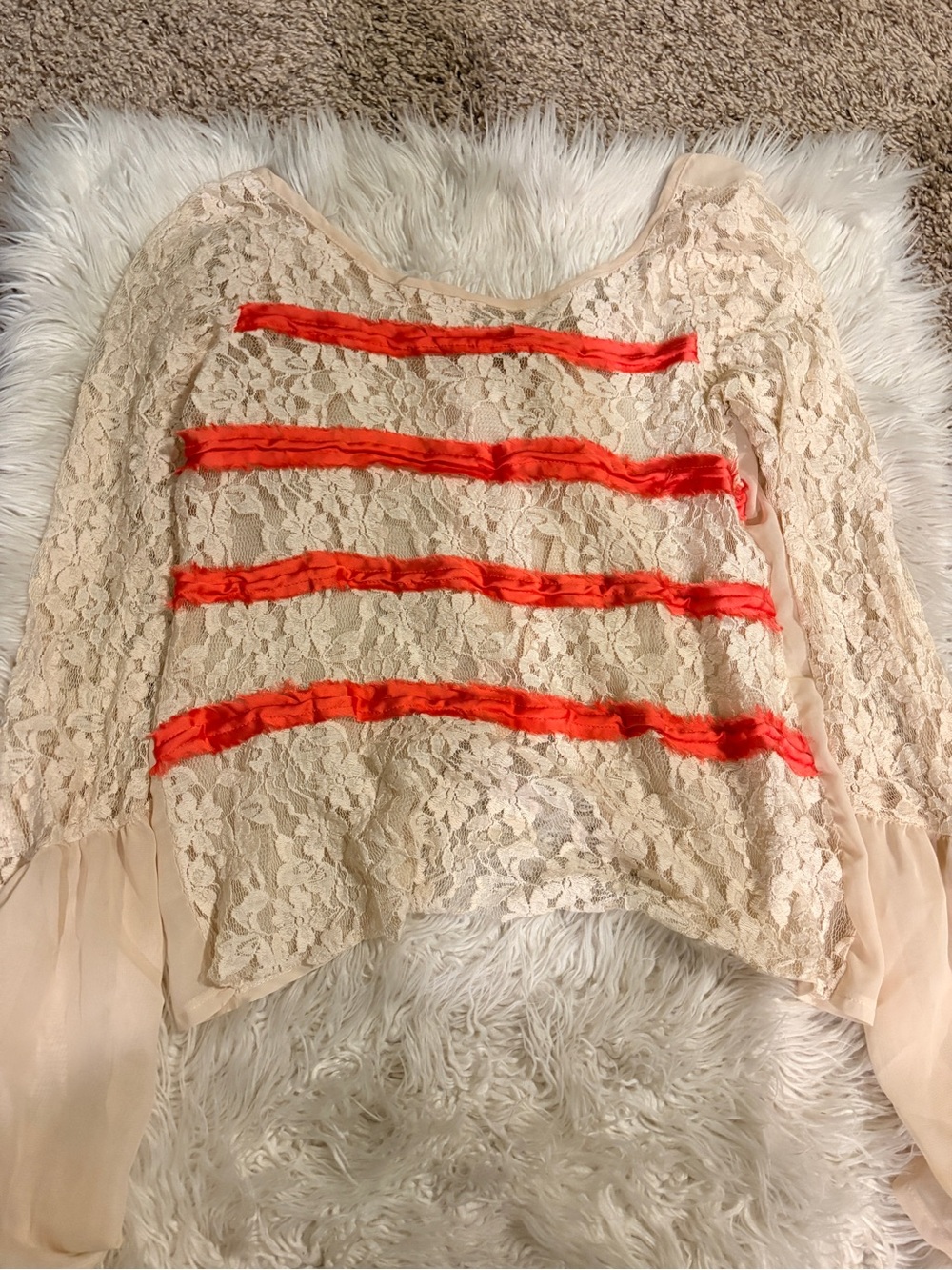 Buckle Cream Lace Blouse with Coral Stripe Accents